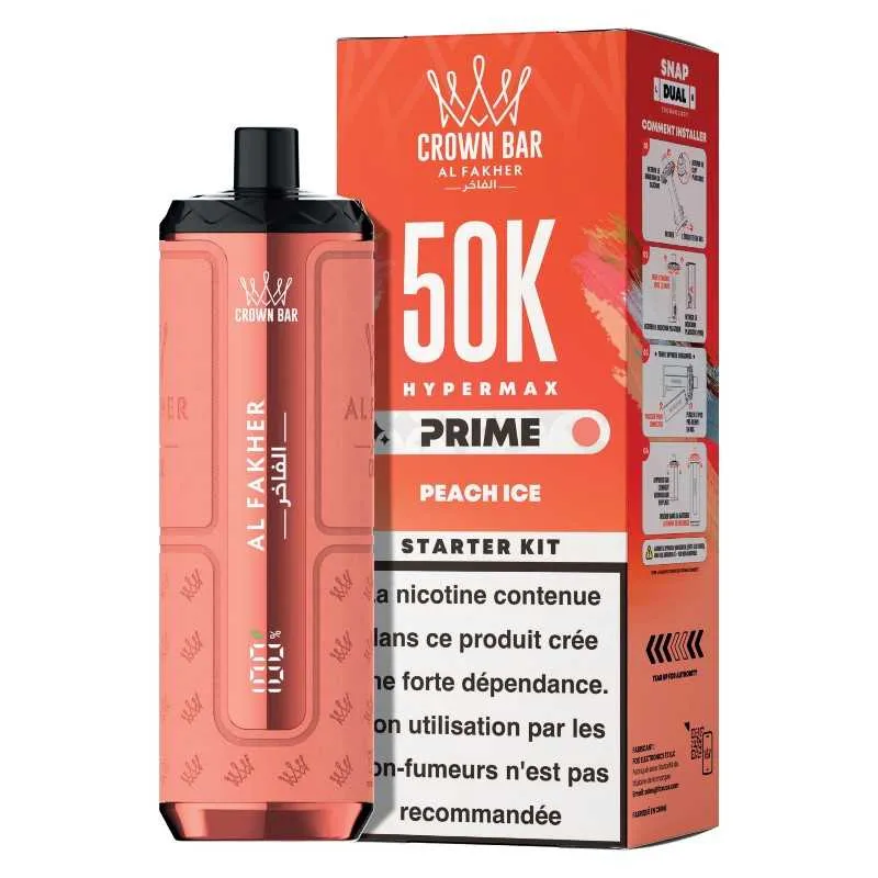 Comparer Puff Hypermax Prime 50K Crown Bar Al Fakher - 6 mg - Peach Ice - Cigarettes électroniques avec un prix minimum de 19.90€